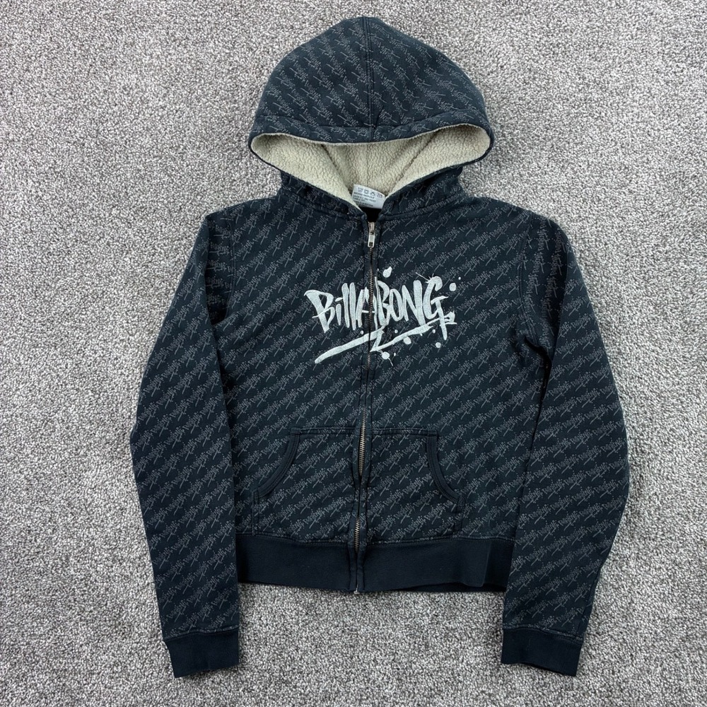 Vintage Y2k Billabong Hoodie Youth Small Black Full Zip‎ Graffiti Logo Surf